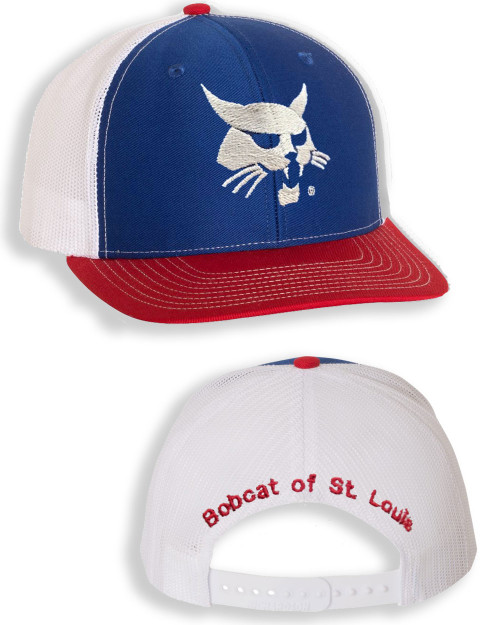 Blue/Red/White Custom Co-Branded Snap Back Cap - Bobcat Head