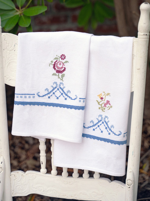 Folklore Cross Stitch Embroidered Tea Towel Set of 2 - White