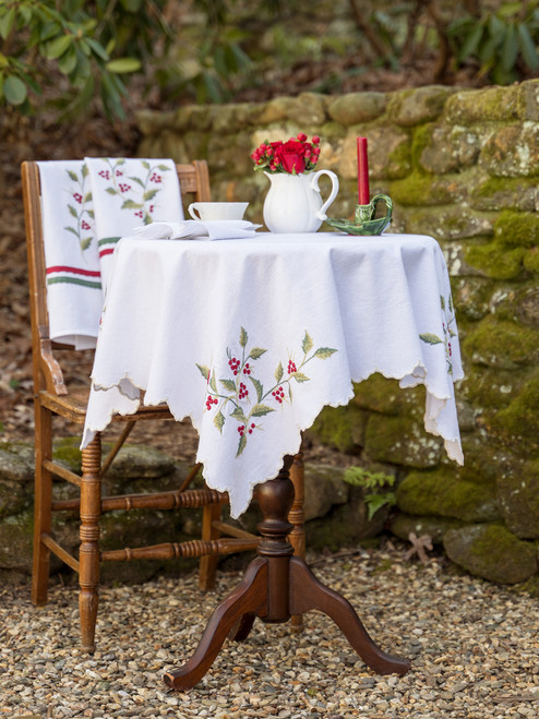 Winterberry Embroidered Tea Cloth - Ecru