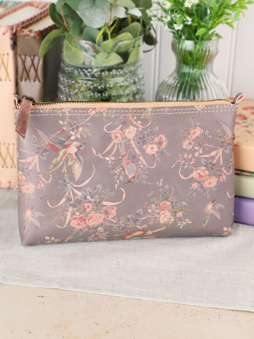 Sparrows & Roses Leather Pouch - Soft Grey