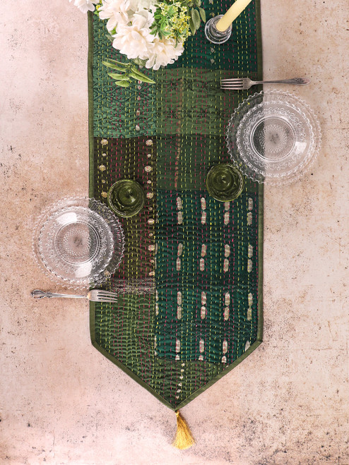 Luxurious Kantha Runner - Forest Green