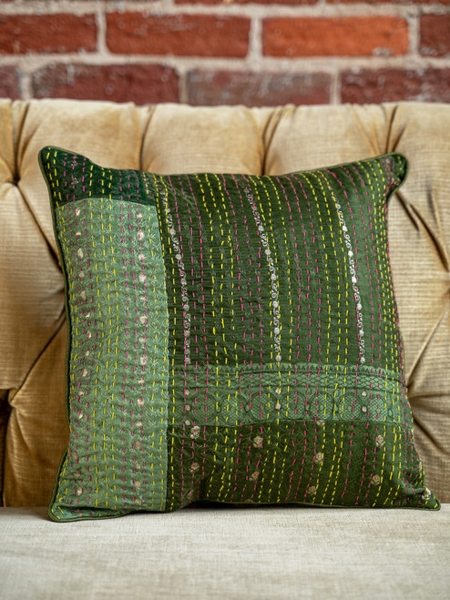 Luxurious Kantha Cushion Cover - Forest Green