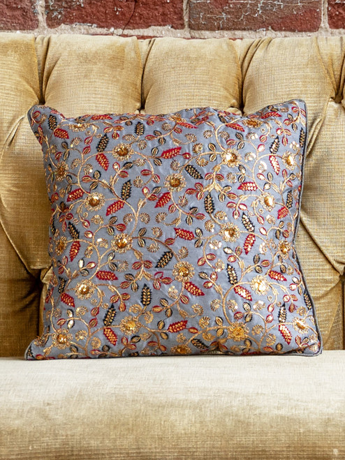 Zari Embroidered Cushion Cover - Silver Grey