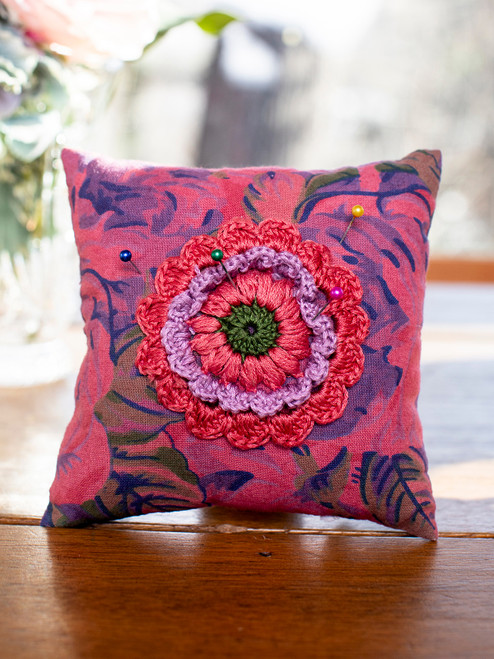 Remnant Patchwork Crochet Flower Pin Cushion - Berry