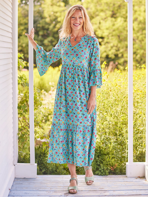 Flower Toss Long Dress - Turquoise