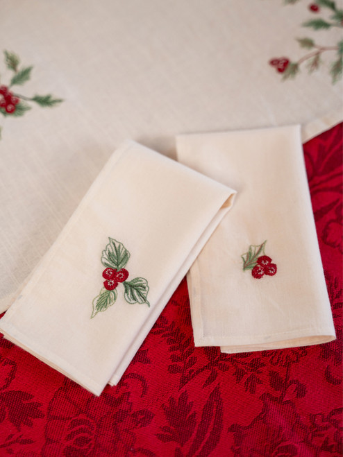 Holly Embroidered Tea Napkin Set of 2 - Ivory