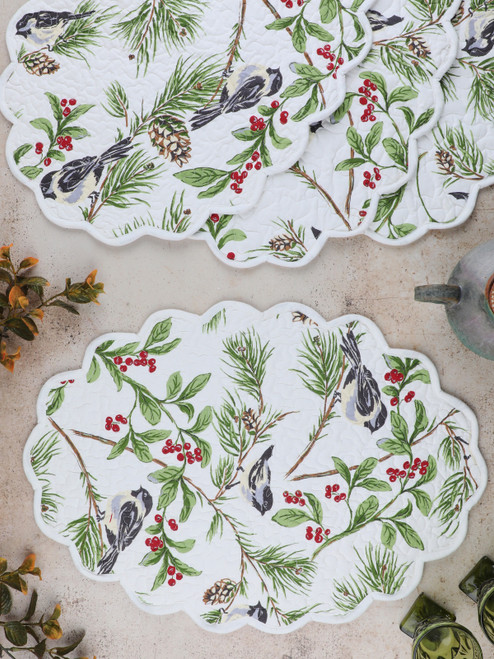 Chickadee Quilted Placemat Set of 4 - Ivory