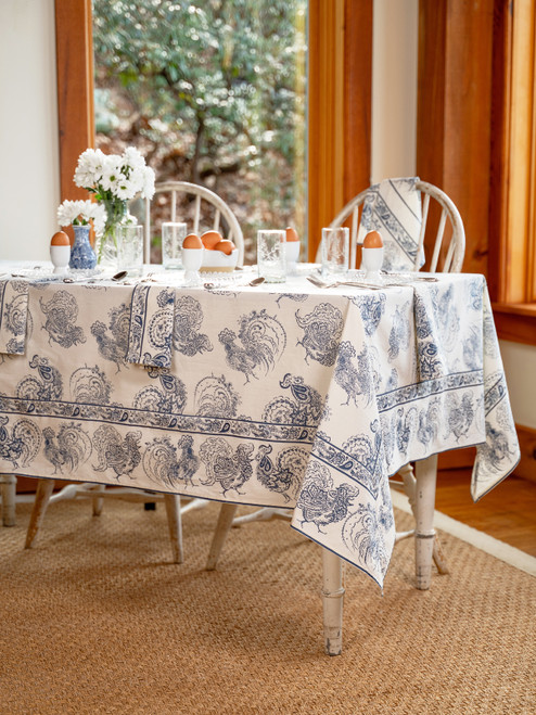 Backyard Rooster Tablecloth - Blue