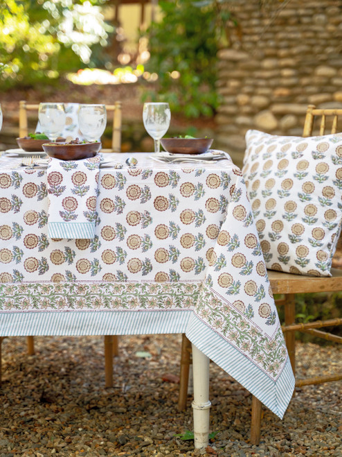 Happiness Block Print Tablecloth - Ecru