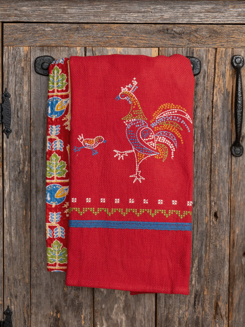 Rambling Rooster Embroidered Tea Towel Set of 2 - Ecru