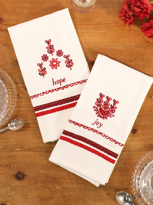Folk Dance Embroidered Tea Towel Set of 2 - Red