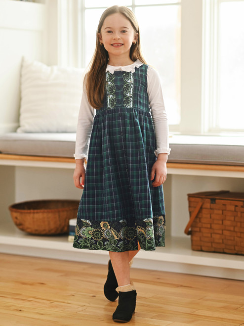 Juniper Check Kids Dress - Navy Green