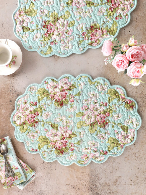 Apple Blossom Quilted Placemat Set of 4 - Aqua