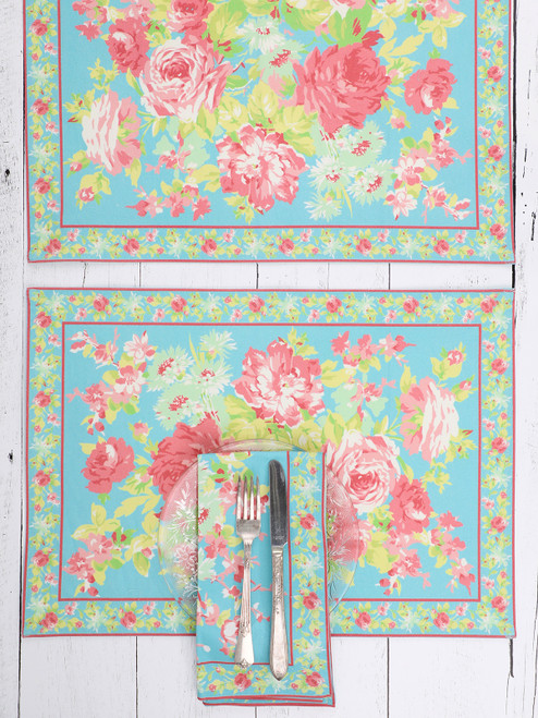 Cottage Rose Canvas Placemat Set of 4 - Turquoise