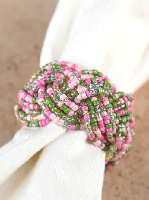 Beaded Braid Napkin Ring Set of 4 - Pink Yellow