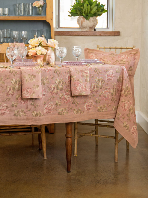 Vintage Rose Linen Tablecloth - Rose