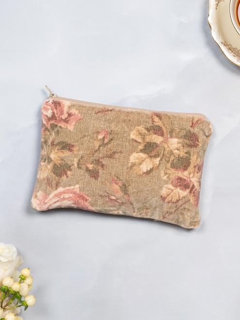 Vintage Rose Velvet Pouch - Olive