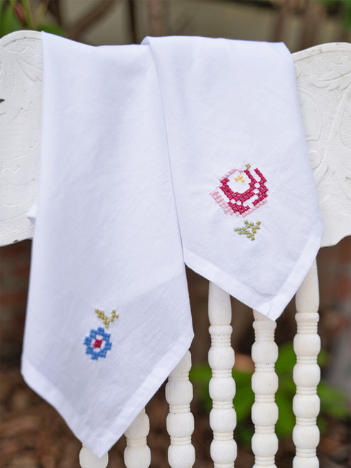 Folklore Cross Stitch Embroidered Napkin Set of 2 - White