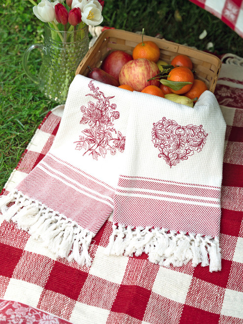 Heart & Bouquet Tea Towel Set of 2 - Red