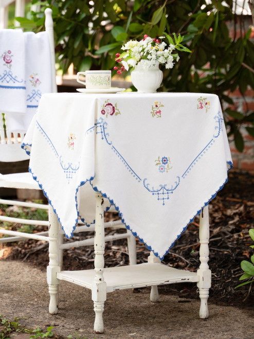 Folklore Cross Stitch Embroidered Tea Cloth - White