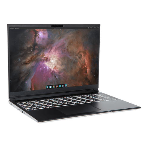The Oryx Pro laptop open at a quarter angle