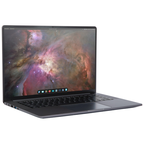 The Pangolin laptop open at a quarter angle, featuring a Pop!_OS wallpaper.