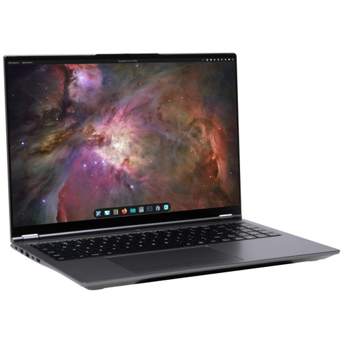 The Pangolin Pro laptop open at a quarter angle, featuring a Pop!_OS wallpaper.