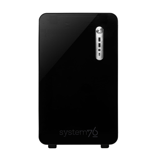 Front-facing Thelio Mira features its stainless steel front ports and power button amid a glossy tempered glass facade.