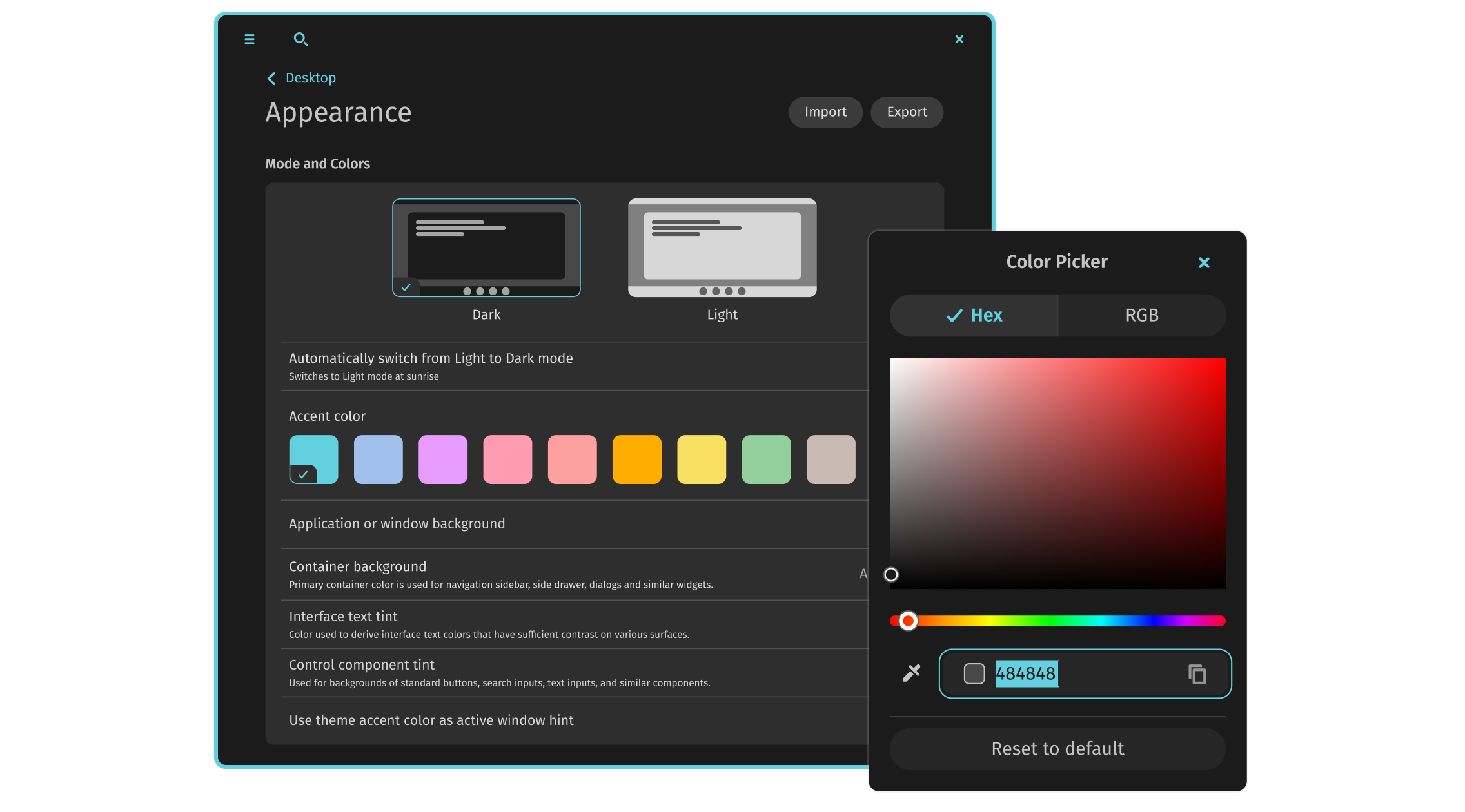 Appearance options and color picker