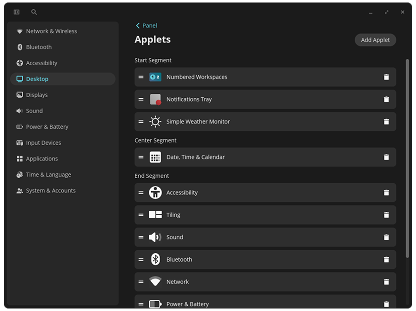 screenshot of applet options