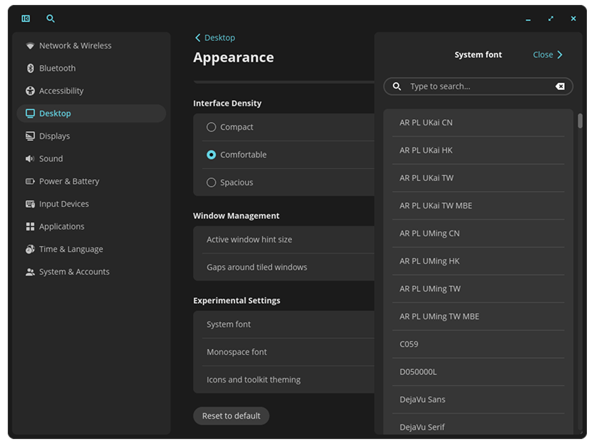 Screenshot of system font options
