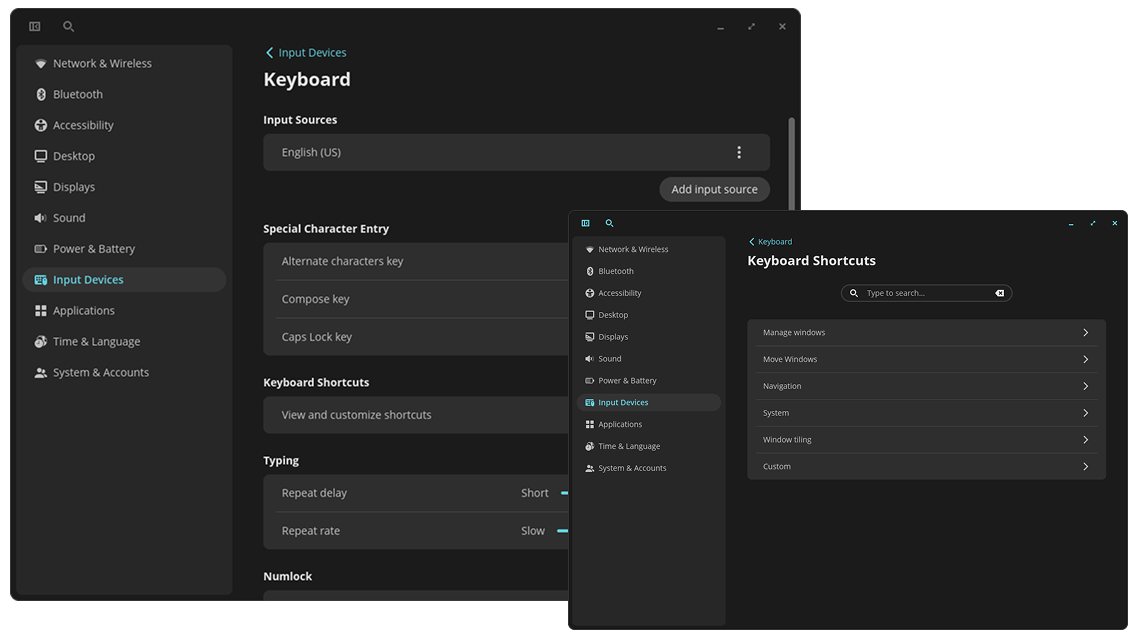 Screenshot of keyboard shortcut options