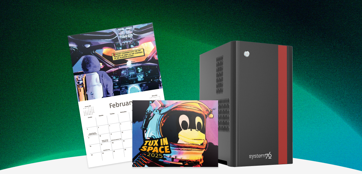 thelio Mira with red accent panel and 2025 Tux in Space calendar