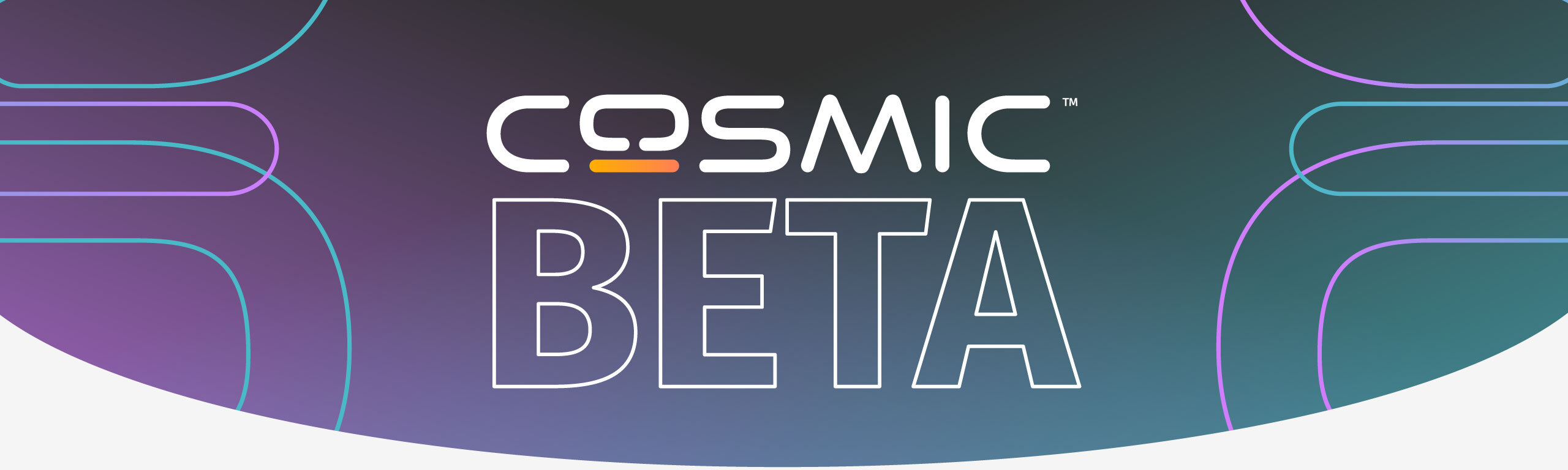 COSMIC BETA is spelled out with purple and graient background