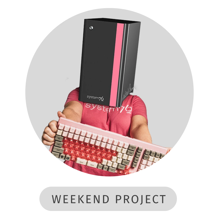 woman with a thelio desktop as a head, holding a launch heavy