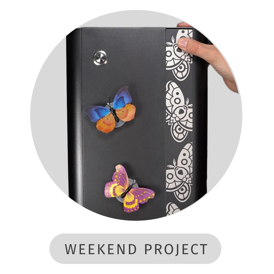 Photo of a Thelio Desktop with a DIY butterfly acccent panel