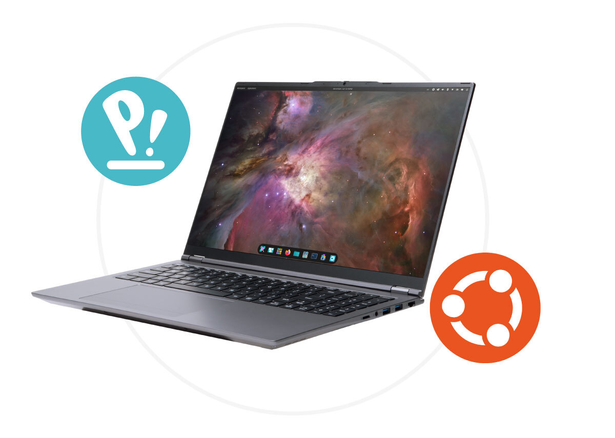 Linux laptop with Pop!_OS and Ubuntu logos 