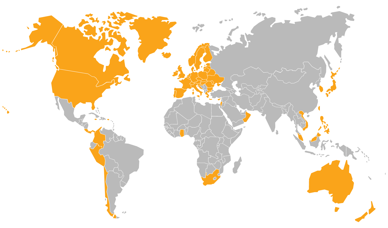 World map with highlighted countries that are eligible for direct shipping.