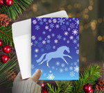 Christmas Card: Blue Galloping Horse with Wraps and Snowflakes