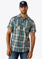 Ariat® Men's Retro Halden Fitted Short Sleeve Snap Shirt - Teal Plaid
