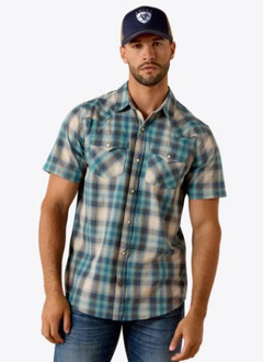 Ariat® Men's Retro Halden Fitted Short Sleeve Snap Shirt - Teal Plaid