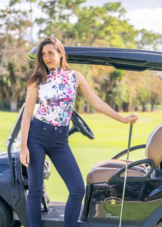 Kastel Amethyst Watercolor Floral Ruched Back Sleeveless 1/4 Zip Sun Shirt