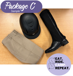 SCS Camp Package C: Helmet, Paddock Boots, Half Chaps, Breeches or Tights