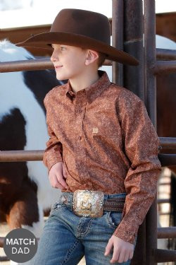 Cinch® Youth Paisley Print Button-Down Western Shirt - Brown