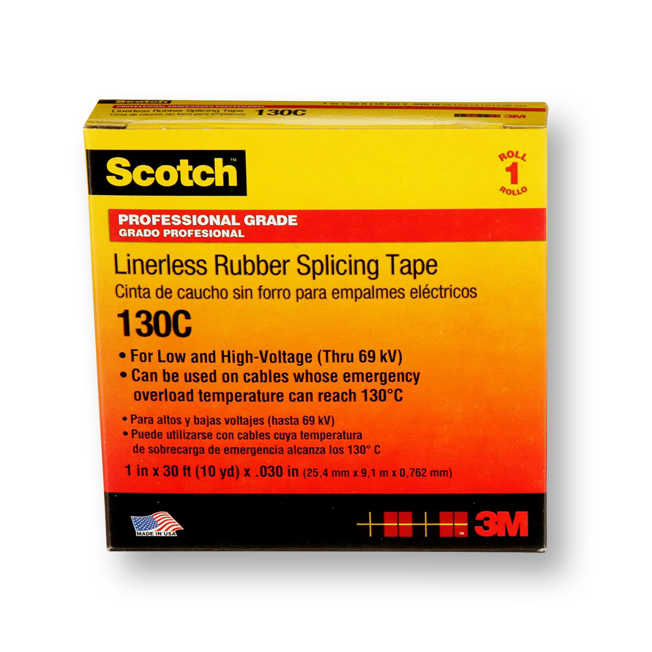 3M 130C Black Scotch Linerless Rubber Splicing Tape 1"x30ft 24 Roll Case