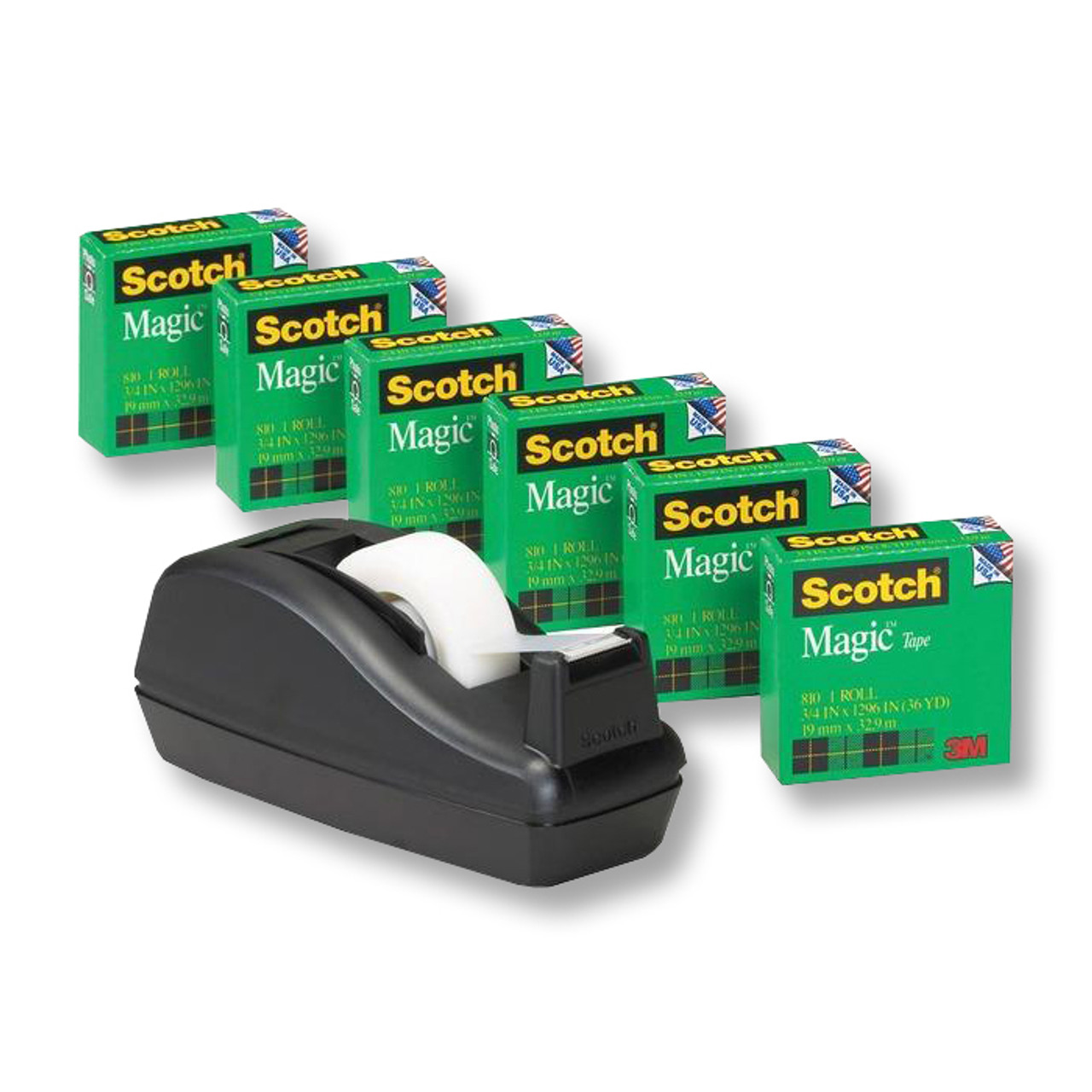 3M 810 Scotch Magic Tape 3/4 in x 1000 Pack of 6 w/C-40 Black Dispenser