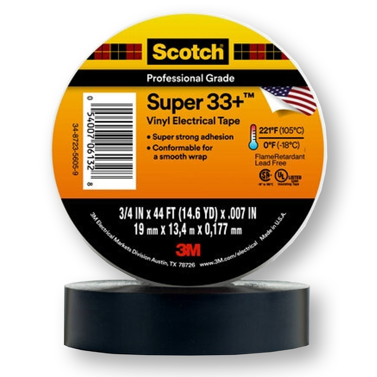 3M 33+ Scotch Super Vinyl Black Electrical Tape, 3/4 in x 44 ft