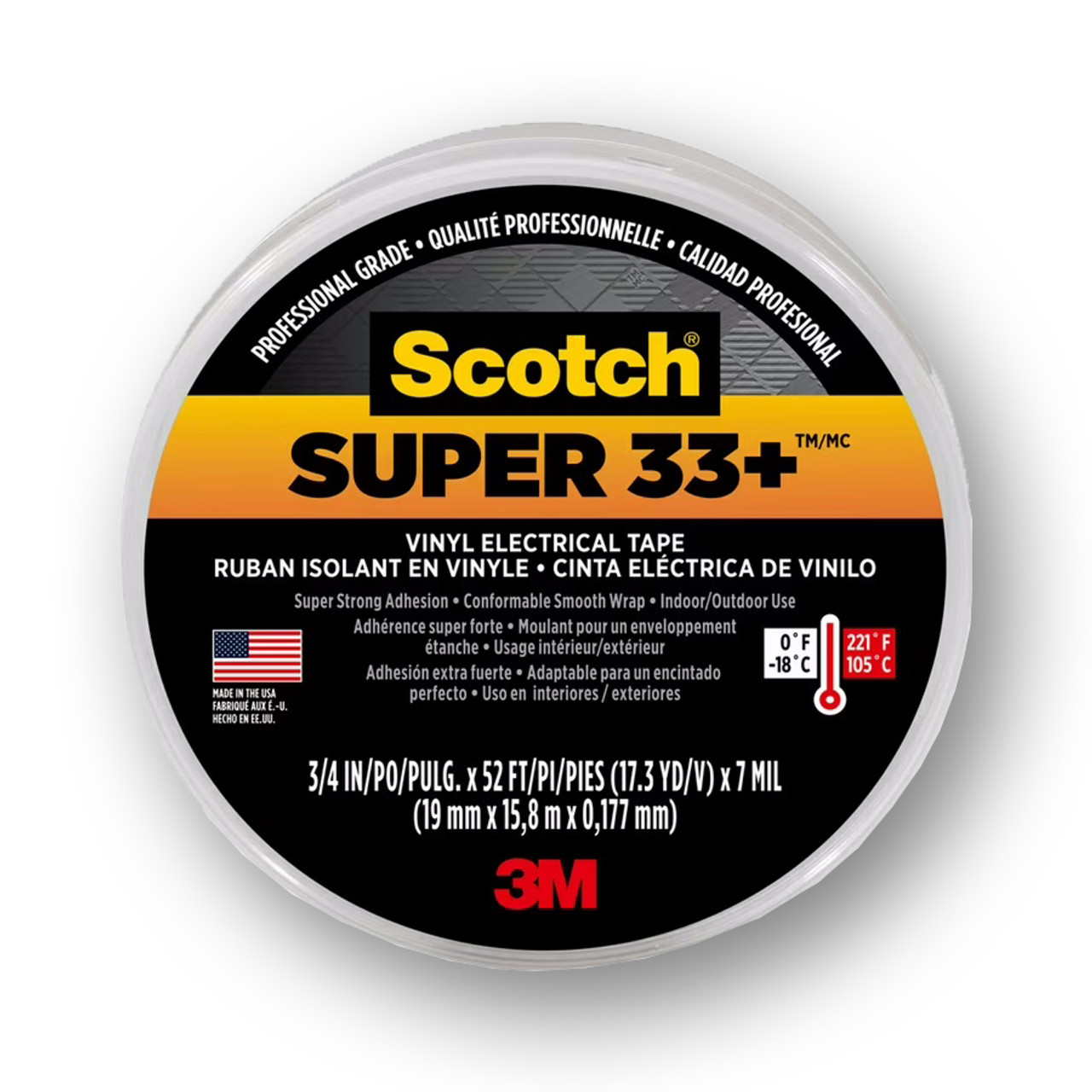 3M 33+ Scotch Super Black Vinyl Electrical Tape, 3/4 in x 52 ft, 100 Roll Case