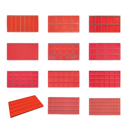 Group Image of the Red Flocked Compartment Tray Liners, with all of the compartment variations available.