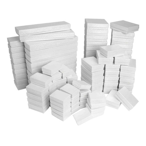 White Swirl pattern cotton filled boxes stacked to show sizes of boxes available.